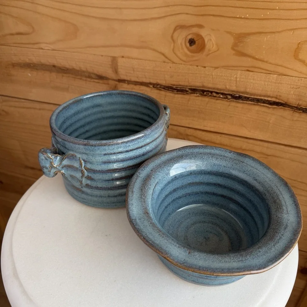 Handmade Pottery Bread Bowl Double Pot Blue Cottage Core Decor Baugnet